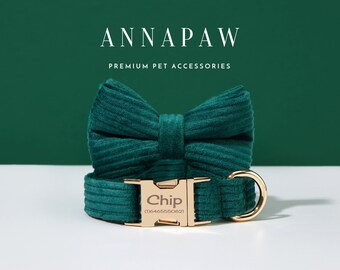 Emerald Dog Collar Bow tie Set, Personalized Corduroy Dog Collar and Leash, Collar for Wedding Gift,Free Engraved Name on Puppy Collar