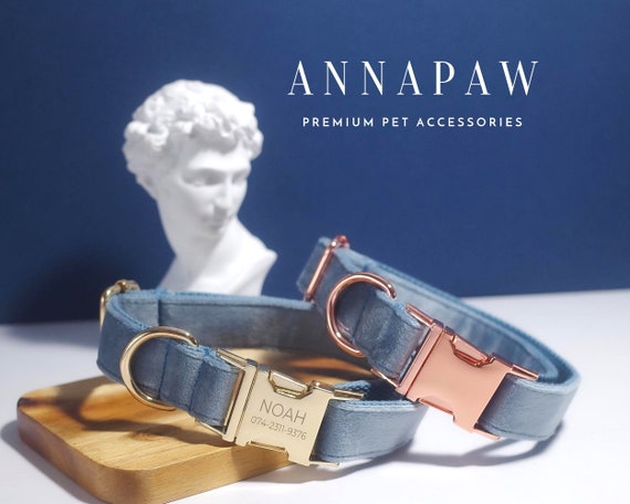 Custom Blue Dog Collar, Dog Lovers Gift with Engraved Nameplate, Adjustable Velvet ID Collar,Dog Outfit for Wedding,Gift for Dog Owners
