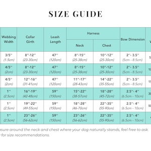 May include: Size guide chart for dog harnesses, collars, leashes, and webbing widths. The chart includes measurements in inches and centimeters, as well as weight recommendations in pounds.