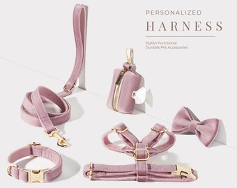 Harnais pour chien rose poussiéreux avec identification personnalisée, ensemble de laisse de harnais pour chien en velours de luxe, harnais mignon pour petit chien, harnais pour chien designer