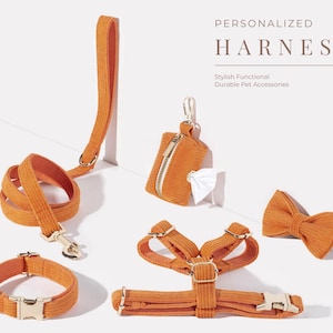 Orange Corduroy Dog Harness+Leash+Collar+Bow tie+Poo Bag Holder Set, Personalised Step in Harness Fancy Luxury Engraved Nameplate