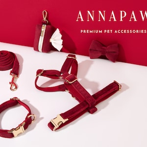Burgundy Corduroy Dog Harness and Leash Collar Bow Set, Personalised Girl Harness with Name Engraved, Soft Luxury Harness Bow tie Collar Set