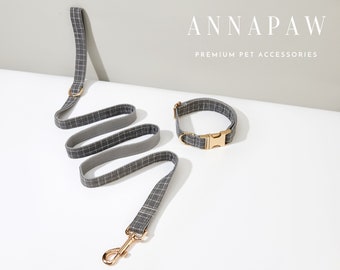 Luxury Grey Check Puppy Collar Leash,Custom Dog Collar Bowtie Set For Boy,Engraved Puppy Collar Bowtie For Wedding Gift,Free Name Engraved