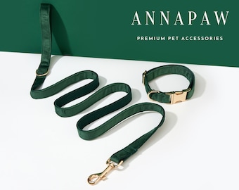 Personalized Emerald Green Velvet Dog Collar Bowtie Set,Handmade Puppy Collar Leash Bowtie For Wedding Gift,Fancy Engraved Dog Collar