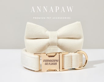 Luxe Crème Fluwelen Halsband Bowtie Set, Handgemaakte Puppy Collar Leash Bowtie Voor Huwelijkscadeau, Custom Gegraveerde Dog Collar Bowtie Leash