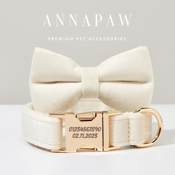 Luxurious Cream Velvet Dog Collar Bowtie Set,Handmade Puppy Collar Leash Bowtie For Wedding Gift,Custom Engraved Dog Collar Bowtie Leash