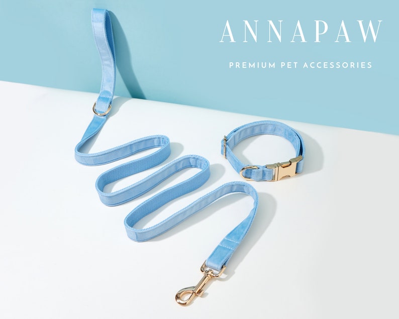 May include: A light blue dog collar and matching lead with gold hardware. The collar and lead are made of a soft, velvety material. The text "ANNAPAW PREMIUM PET ACCESSORIES" is visible in the background.