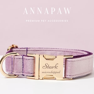 Handmade Lavender Velvet  Dog Collar Bowtie Set,Personalized Puppy Collar Leash Bowtie,Fancy Dog Collar Leash Bowtie For Wedding Gift
