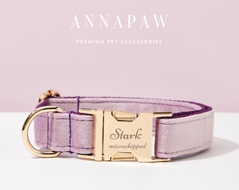 Handmade Lavender Velvet  Dog Collar Bowtie Set,Personalized Puppy Collar Leash Bowtie,Fancy Dog Collar Leash Bowtie For Wedding Gift