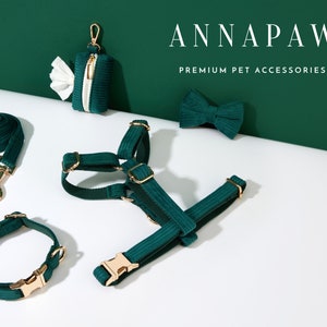 Emerald Green Corduroy Dog Harness and Leash Collar Bow Set, Personalised Girl Harness with Name Engraved,Soft Luxury Harness Bow tie Collar