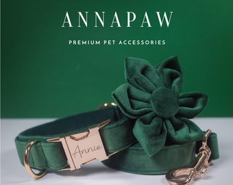 Handmade Green Dog Collar Flower, Dog Wedding Flower Collar, Custom Christmas Easter Gift for Dog Puppy, Adjustable Velvet Collar with Name