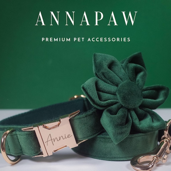 Handmade Green Dog Collar Flower, Dog Wedding Flower Collar, Custom Christmas Easter Gift for Dog Puppy, Adjustable Velvet Collar with Name