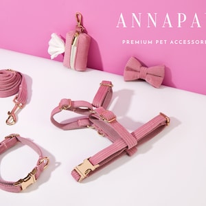 Dusty Pink Corduroy Dog Harness and Leash Collar Bow Set, Personalised Girl Harness with Name Engraved, Soft Luxury Harness Bow tie Collar