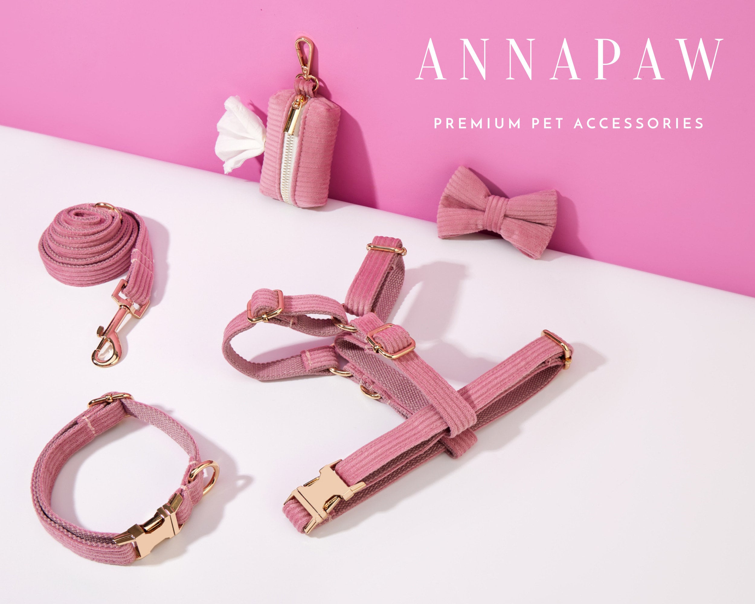Dusty Pink Corduroy Dog Harness and Leash Collar Bow Set Personalised Girl Harness With Name Engraved Soft Luxury Harness Bow Tie Collar Etsy