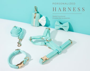 Aqua Blue Cord Hundegeschirr und Leinen Halsband Set, personalisiertes Geschirr mit Name eingraviert, weiches Luxus Geschirr Fliege Halsband Set