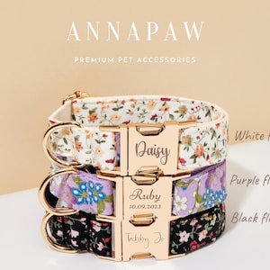 Handmade Floral Dog Collar with Personalized Tag, Flower Dog Collar and Leash with Bow, Collar for Wedding Gift, Engraved Name on Dog Collar image 2