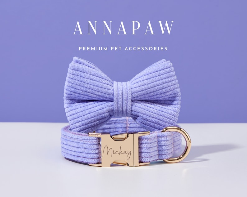 May include: A lavender corduroy dog collar with a gold buckle and a matching bow tie. The collar is personalized with the name "Mickey".