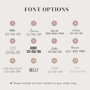 May include: A chart with 12 different font options for names and phone numbers. Each font is numbered 1 through 12 and has a sample name and phone number. The text at the bottom says "Please include the font number in your order note."