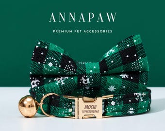 Handmade Gold Puppy Name Collar Bell,Custom Fabric Cat Collar Bow for Christmas Gifts,Cute Pet Collar Leash for Pet Mom,Gifts for Her