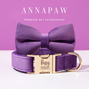 Personalized Purple Velvet Dog Collar Bowtie Set,Handmade Puppy Collar Leash Bowtie For Wedding Gift,Fancy Engraved Dog Collar