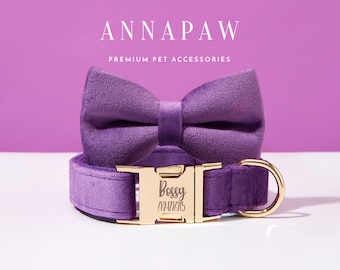 Personalized Purple Velvet Dog Collar Bowtie Set,Handmade Puppy Collar Leash Bowtie For Wedding Gift,Fancy Engraved Dog Collar