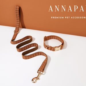 Handmade Brown Check Dog Collar Bowtie Set,Personalized Puppy Collar Leash For Wedding Goft,Engraved Dog Collar Leash For Birthday Gift