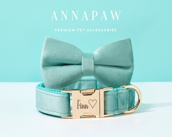 Personalized Aqua Velvet Dog Collar Bowtie Set,Handmade Puppy Collar Leash Bowtie For Wedding Gift,Fancy Engraved Dog Collar