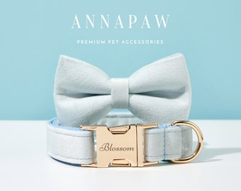 Custom Baby Blue Velvet Dog Collar Bowtie Set,Handmade Puppy Collar Leash Set,Fancy Dog Collar Leash Bowtie For Gift,Engraved Dog Collar Bow