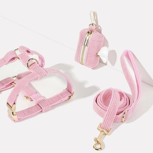 Puppy Harness Leash Set in Hot Pink Corduroy, Personalised Dog Harness Leash Poo Bag Holder,Luxurious Dog Harness Set for Wedding Gift