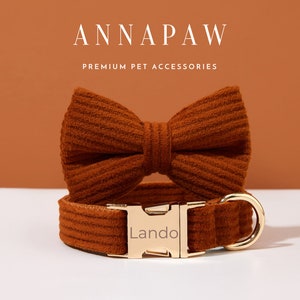 Brown Corduroy Dog Collar Bow tie Set,Personalized Corduroy Dog Collar and Leash, Collar for Wedding Gift,Free Engraved Name on Puppy Collar