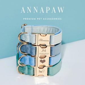 May include: Three personalised dog collars stacked on top of each other. The collars are made of light blue and green velvet with gold hardware. The collars are engraved with the names "Blossom", "JM 02122023", and "Finn".