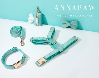 Aqua Blue Velvet Dog Harness and Leash Collar Bow Set, Personalised Girl Harness with Name Engraved,Soft Luxury Harness Bow tie Collar