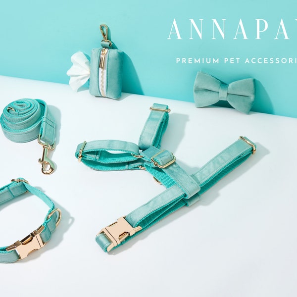 Aqua Blue Velvet Dog Harness and Leash Collar Bow Set, Personalised Girl Harness with Name Engraved,Soft Luxury Harness Bow tie Collar