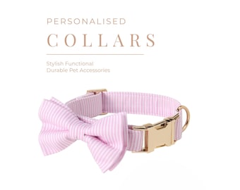 Rosa gestreiftes personalisiertes Hundehalsband Bogen Set, Welpen Halsband mit Name eingraviert, Benutzerdefinierte Mädchen Hundehalsband, kariertes Hundehalsband