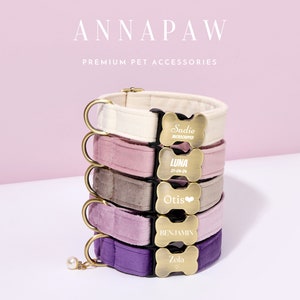 May include: Stack of five colorful velvet dog collars with personalized bone-shaped name tags. The collars are in shades of purple, pink, gray, and white. The name tags are engraved with the names "Zola", "Benjamin", "Otis", "Luna", and "Sadie".