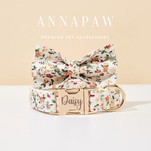 Personalized White Floral Dog Collar Leash,Custom Dog Collar Bowtie Set,Engraved Puppy Collar Bow For Wedding Gift,Free Name Engraved