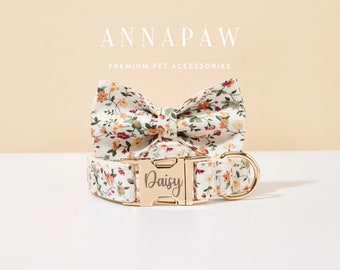 Personalized White Floral Dog Collar Leash,Custom Dog Collar Bowtie Set,Engraved Puppy Collar Bow For Wedding Gift,Free Name Engraved