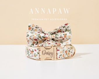 Collar y correa personalizados con estampado floral blanco para perros, conjunto de collar y pajarita personalizados para perros, lazo grabado para cachorros como regalo de boda, grabado de nombre gratuito.