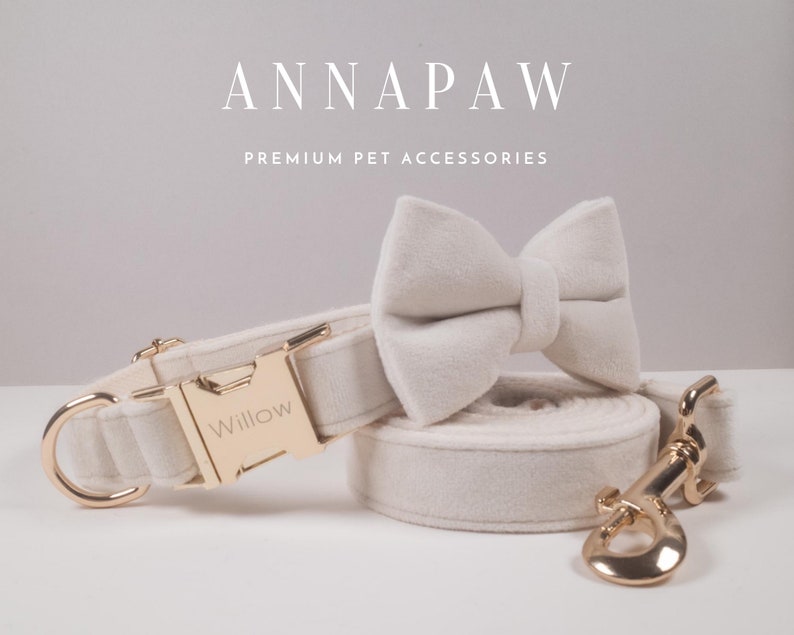 White Dog Collar and Lead Bow, Personalised Puppy Collar with Bow for Wedding Gift, Custom Fancy Dog Collar with Engraved Name on Collar image 4