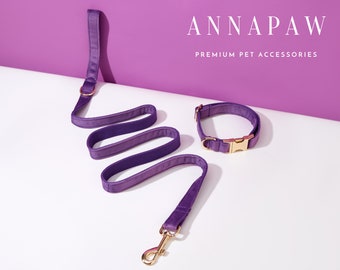 Personalized Purple Velvet Dog Collar Bowtie Set,Handmade Puppy Collar Leash Bowtie For Wedding Gift,Fancy Engraved Dog Collar