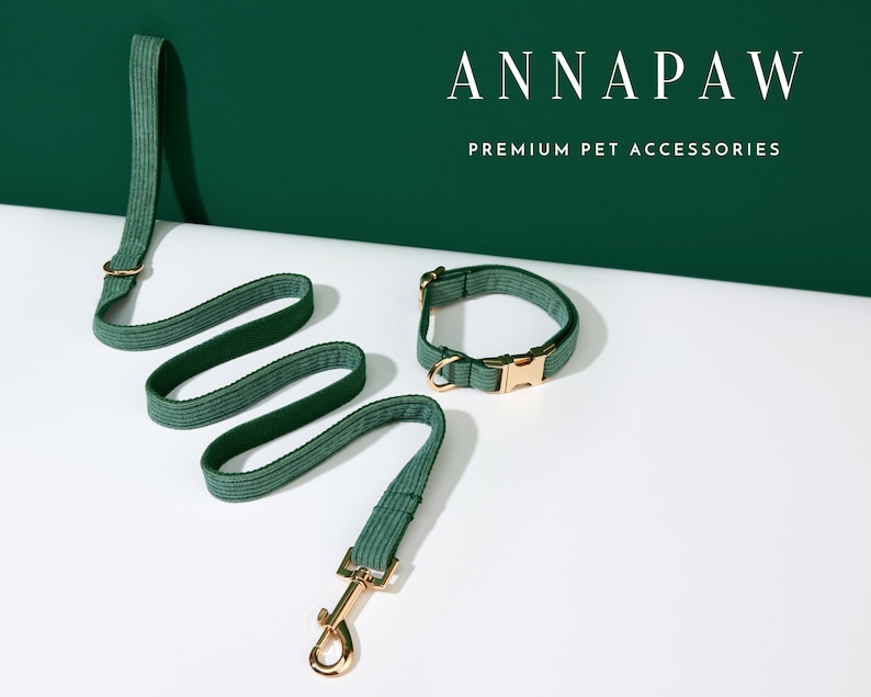 May include: A green corduroy dog leash and collar set with gold hardware. The leash is coiled and the collar is laying flat. The text "ANNAPAWS PREMIUM PET ACCESSORIES" is displayed above the products.