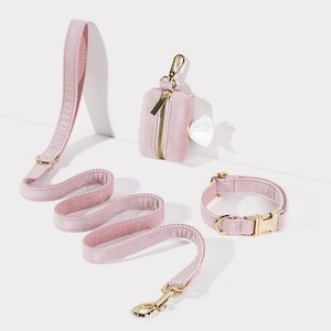 Porte-sac caca luxueux pour collier de chien en velours rose, ensemble de laisses personnalisé pour collier de chiot, collier de chien en velours doux pour fille pour cadeau de mariage,