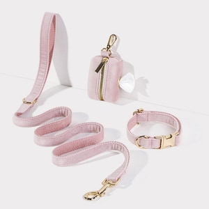 Luxurious Pink Velvet Dog Collar Leash Poo Bag Holder,Personalised Puppy Collar Leash Set,Soft Velvet Dog Collar Girl For Wedding Gift,