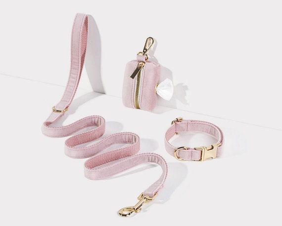 Luxurious Pink Velvet Dog Collar Leash Poo Bag Holder,Personalised Puppy Collar Leash Set,Soft Velvet Dog Collar Girl For Wedding Gift,