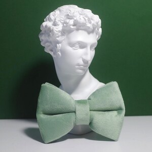 May include: A sage green velvet bow tie on a white plaster bust.