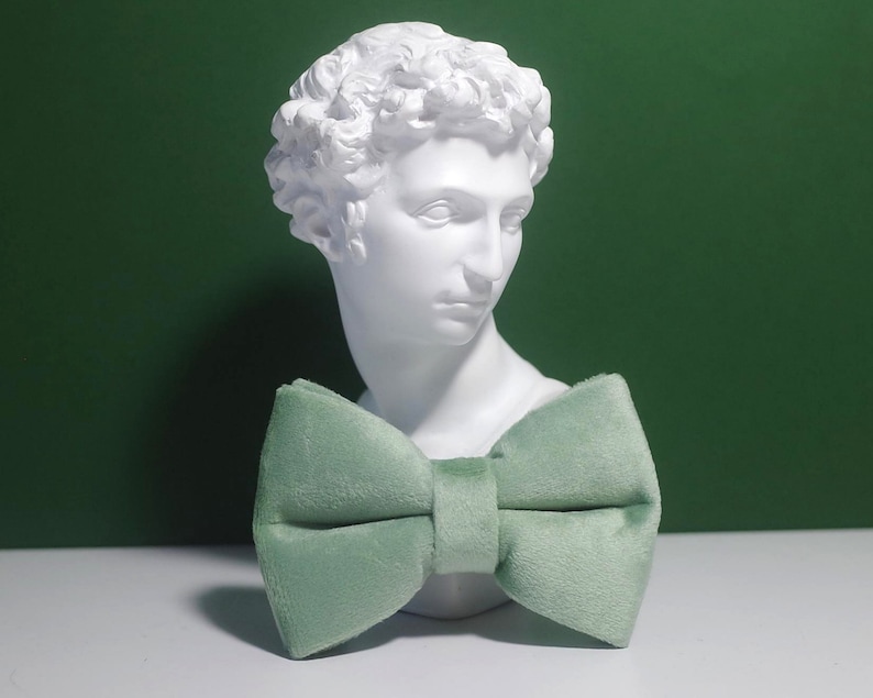 May include: A sage green velvet bow tie on a white plaster bust.