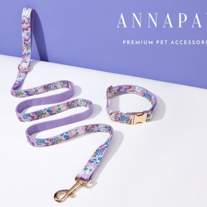 Fancy Purple Floral Puppy Collar Leash,Custom Dog Collar Bowtie Set,Engraved Puppy Collar Bowtie For Wedding Gift,Free Name Engraved