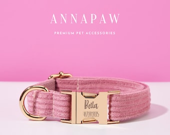 Personalized Dog Collar Bow tie Set,Dusty Pink Corduroy Dog Lead Collar with Bow, Collar for Wedding Gift,Free Engraved Name on Puppy Collar