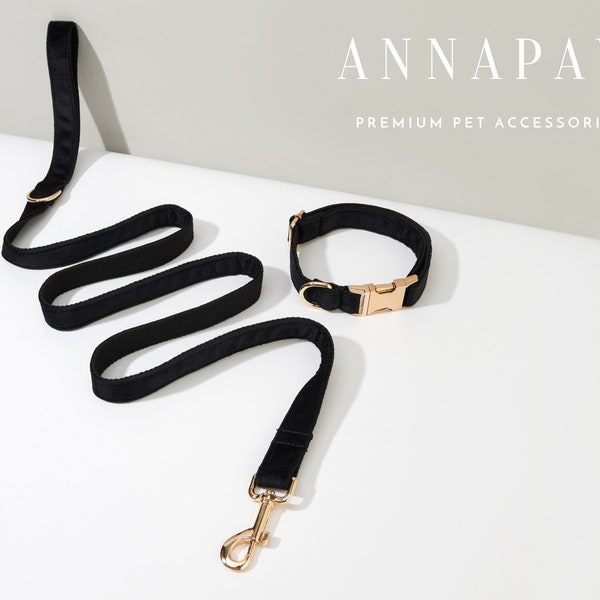 Classic Black Velvet Puppy Collar Leash Set,Personalized Dog Collar Bowtie Set For Birthday Gift,Handmade Engraved Dog Collar Leash Bow