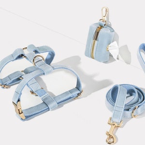Blue Dog Harness+Leash+Collar+Bow tie+Poo Bag Holder Set, Personalised Step in Harness Fancy Luxury Velvet with Engraved Nameplate